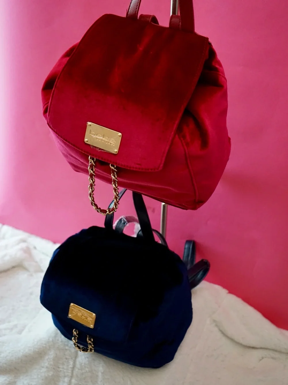 ⁠NWT Bebe Los Angeles Wine Red Velour Mini Backpack Gold Chain Detail Purse